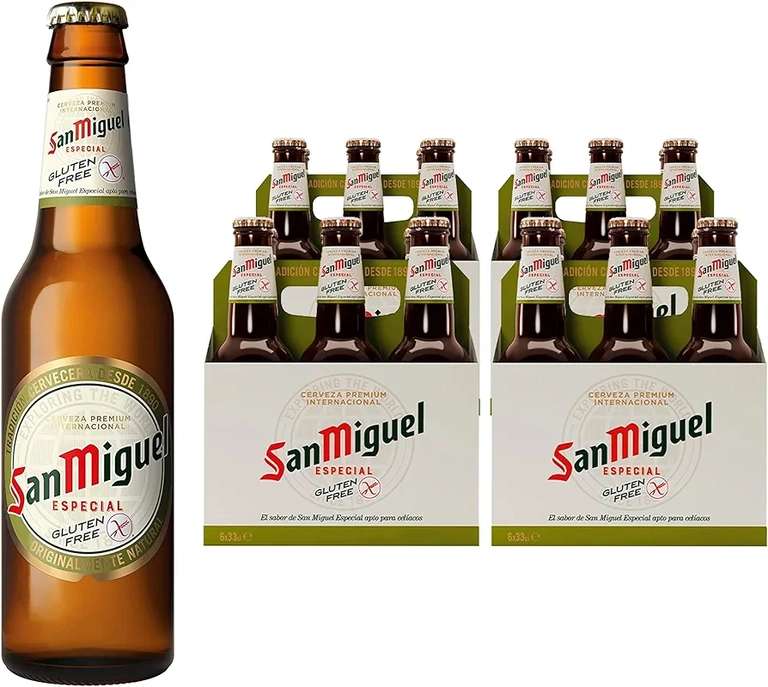 San Miguel Especial Gluten Free, Cerveza Dorada Lager Sin Gluten, Pack de 24 Botellines x 33 cl, 5.4 % Volumen Alcohol.