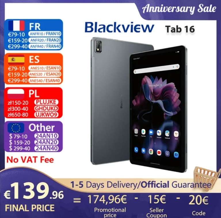Blackview-Tablet Tab 16 con Android, 8GB + 256GB, 11 "