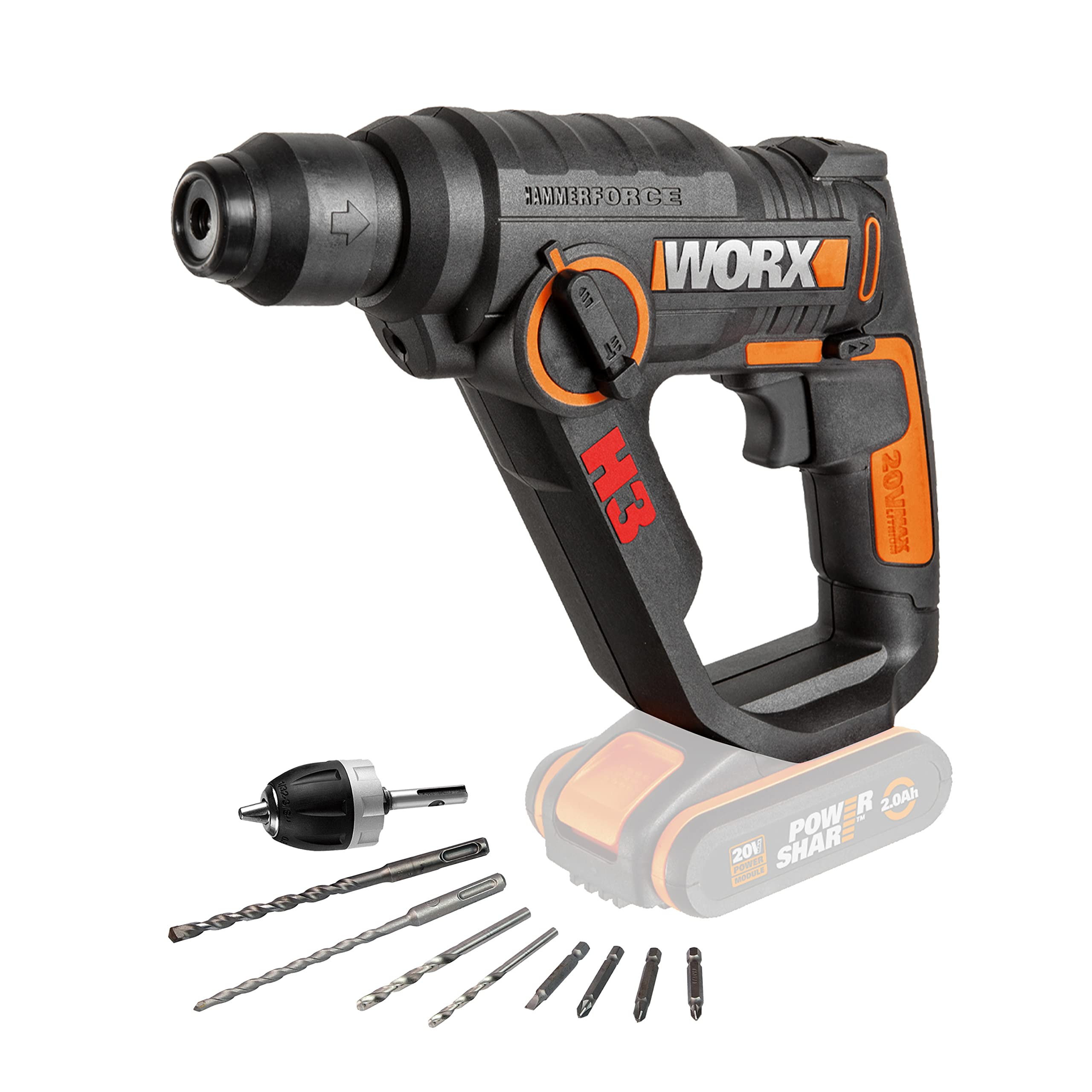WORX WX390.9 Martillo Perforador SDS Plus 20V Sin Batería, 1,2J (y por 112€ incluye batería y accesorios)