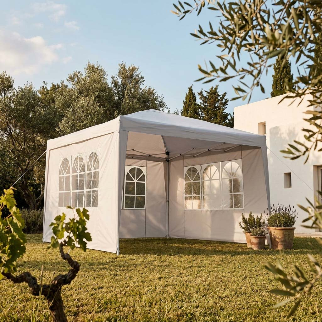 Carpa de recepción 3x3 m con 3 paredes y ventanas
