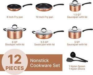 Juego de utensilios de cocina antiadherentes de cobre, aptos para lavavajillas y horno, ollas y sartenes, 12 piezas