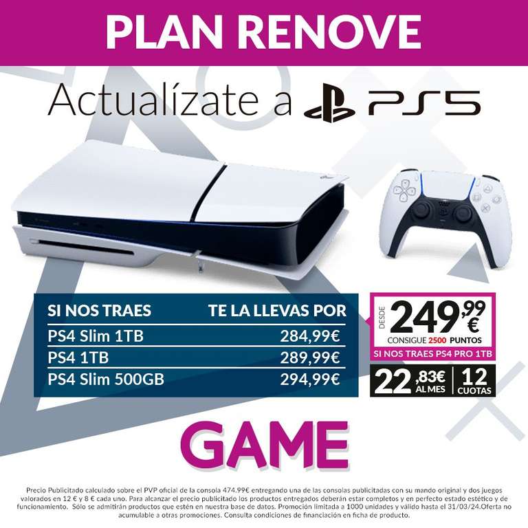 Plan renove - PS5 Slim Lector si llevas tu PS4 Pro 1TB + Mando Original + 2 Juegos (desde 249,99 euros)
