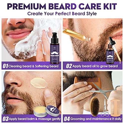 Kit Cuidado Barba Para Hombres: 2 x Aceite De Barba, Champú Barba, Bálsamo Barba, Modelador Barba, Peine Madera, Tijeras, Cepillo + Bolsa