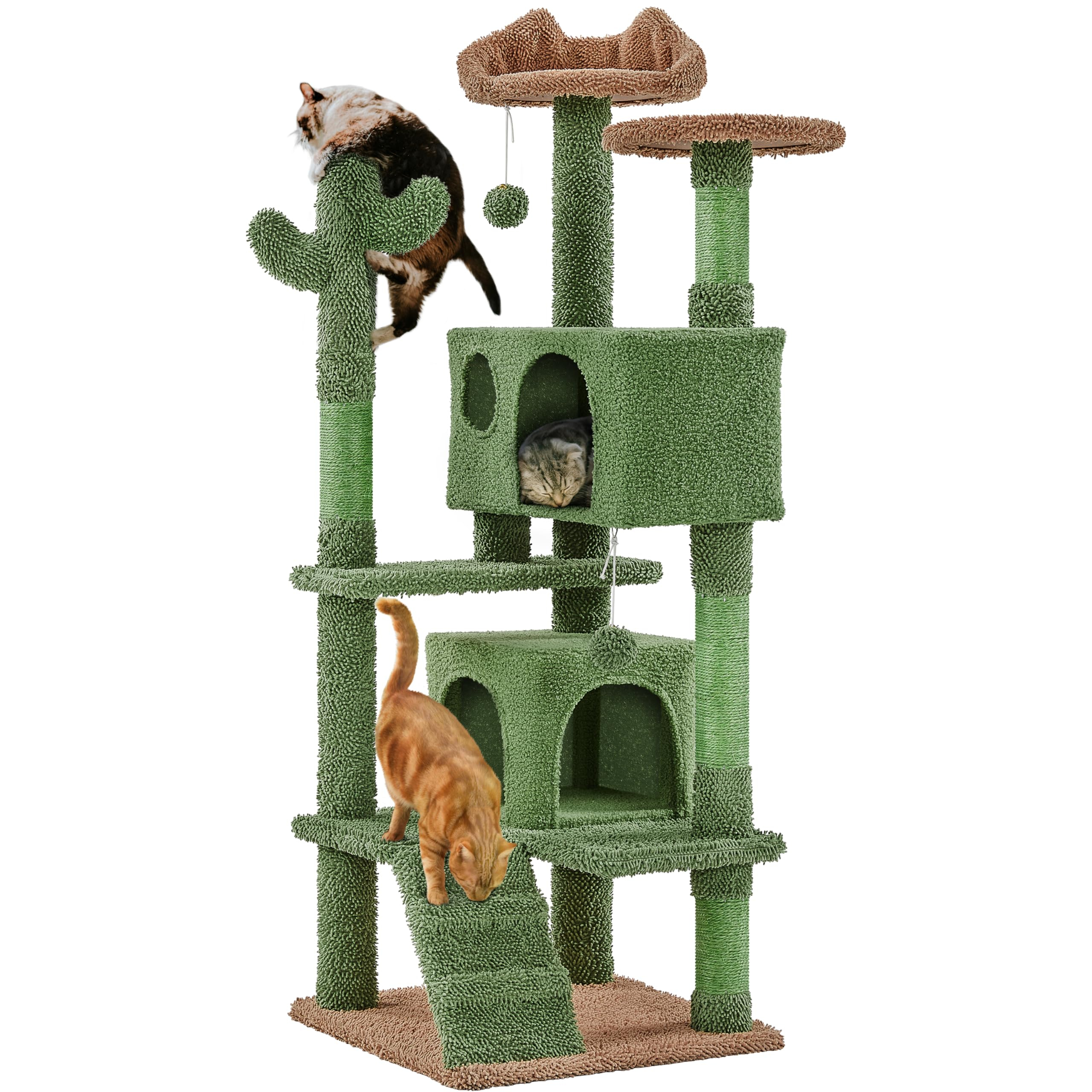 Árbol rascador para gatos Cactus 138 cm con cueva, plataformas, postes de sisal y 2 bolas colgantes