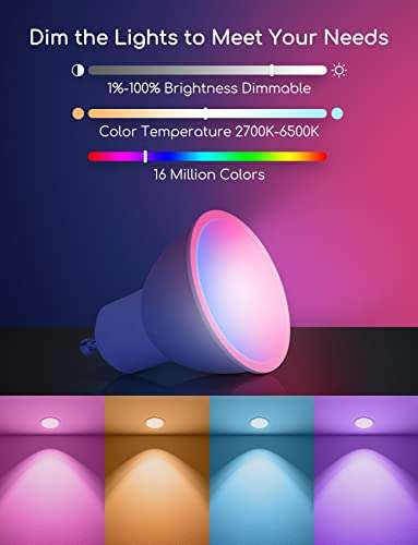 Aigostar Bombilla Inteligente GU10 LED Wifi RGB Regulable, ControL APP Google Home/Alexa