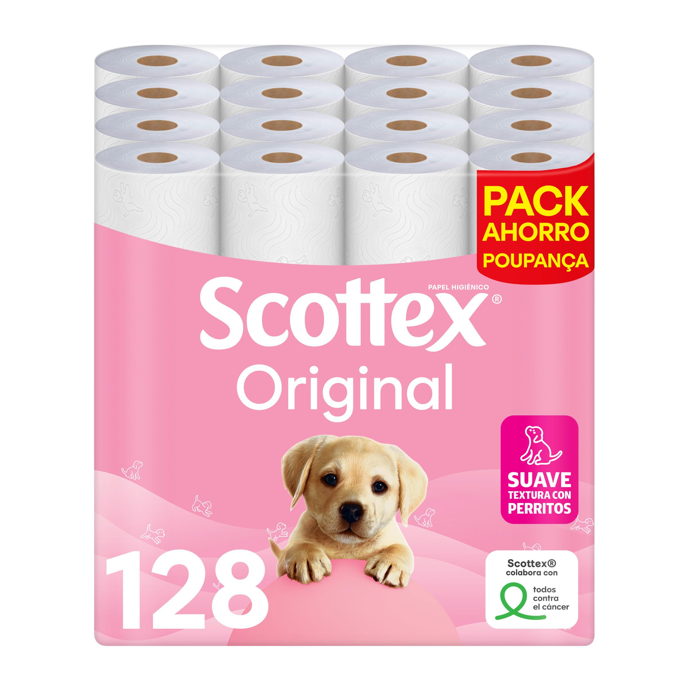 Scottex Original Papel higiénico,128 rollos, 4 packs de 32 rollos dos capas que proporcionan el equilibro adecuado en suavidad y resistencia