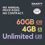 SMARTY 60 GB Solo por 10 £ SIM. Plan de 1 Mes, sin Contrato, Roaming de la UE