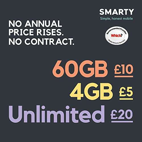 SMARTY 60 GB Solo por 10 £ SIM. Plan de 1 Mes, sin Contrato, Roaming de la UE