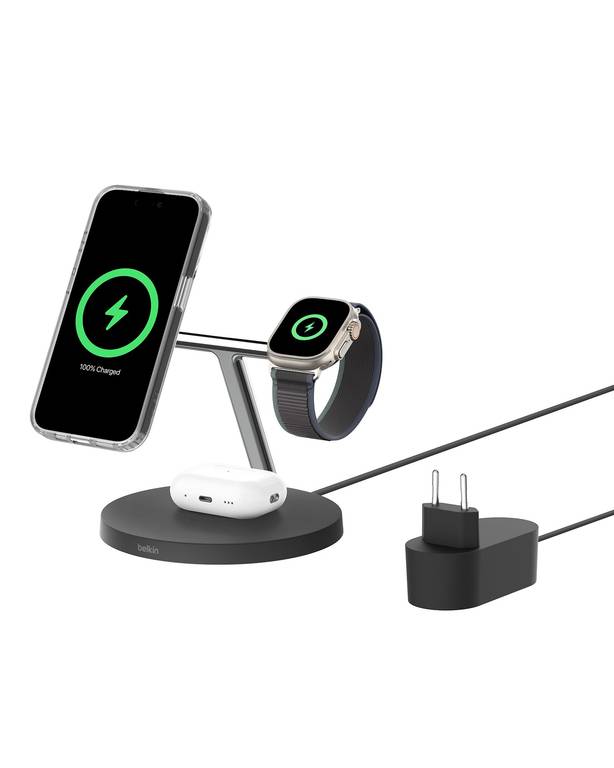 Belkin BoostCharge Cargador Qi2 3 en 1, Estación de Carga Inalámbrica con MagSafe