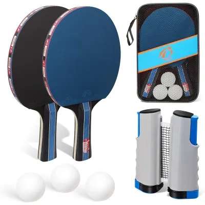Juego de Tenis de Mesa, Palas de Ping Pong, Raquetas Ping Pong con Red, 2 Raquetas, 3 Pelotas,1 Red de Tenis de Mesa retráctil,1 Bolsa