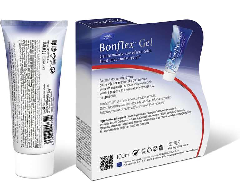 Bonflex Gel 100ml Gel masaje con efecto calor, Con colágeno, Ácido Hialurónico y extractos naturales