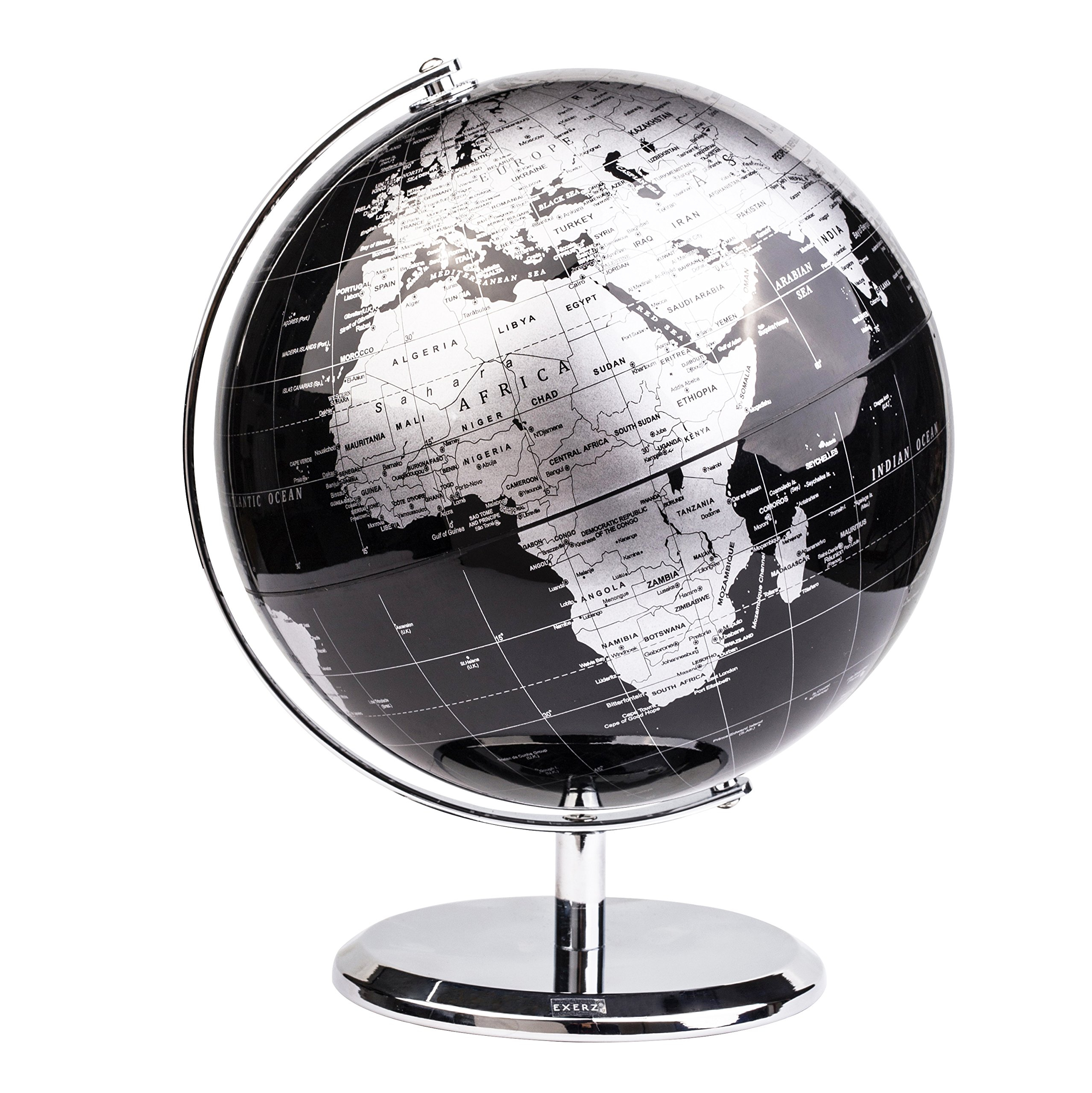 Globo Terráqueo Metálico Negro 20 cm con Base Mapa Político En Inglés Con Acabado Plateado Para Aprendizaje Geografía Hogar Oficina Aula.