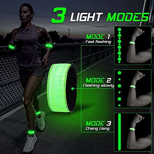 4 x Brazaletes con luz, reflectantes, carga USB o pilas (8 incluidas), 3 modos luz [más en descripción]