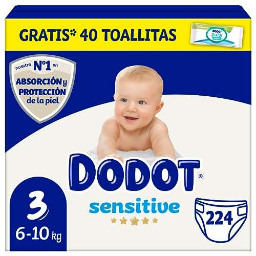 Dodot Pañales Bebé Sensitive Talla 3 (6-10 kg), 224 Pañales + 1 Pack de 40 Toallitas Gratis Cuidado Total Aqua