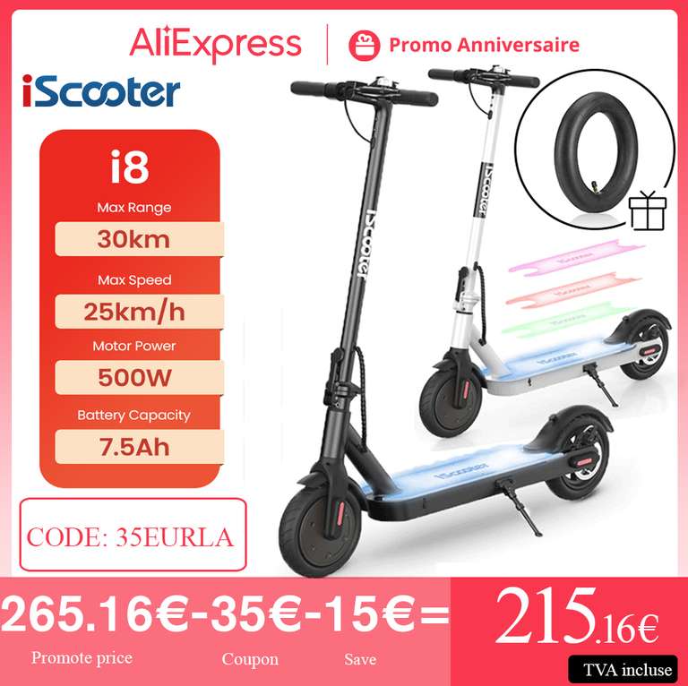 IScooter-patinete eléctrico i8 para adultos, 8,5 pulgadas, 500W, 25 km/h, 7,5 Ah, con Pedal luminoso colorido