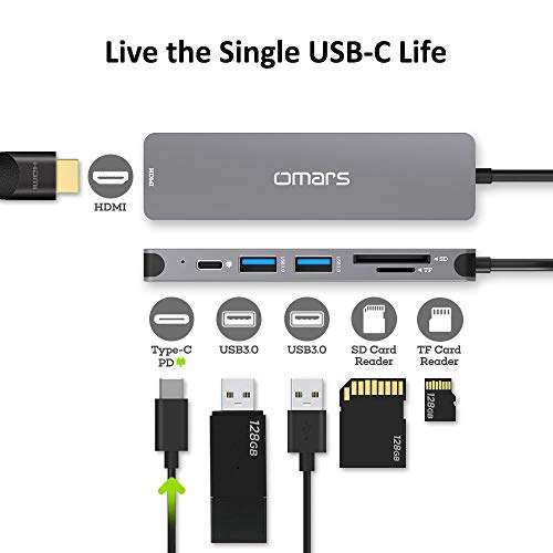 Concentrador USB tipo C 6 en 1, 2 puertos USB 3.0, 1 HDMI, 1 puerto de carga PD tipo C, 2 lectores de tarjetas SD y MicroSD. 100w