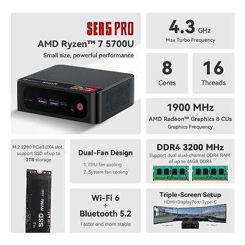 Beelink Mini PC, AMD Ryzen 7 5700U, 16GB DDR4 RAM, 500GB NVMe SSD