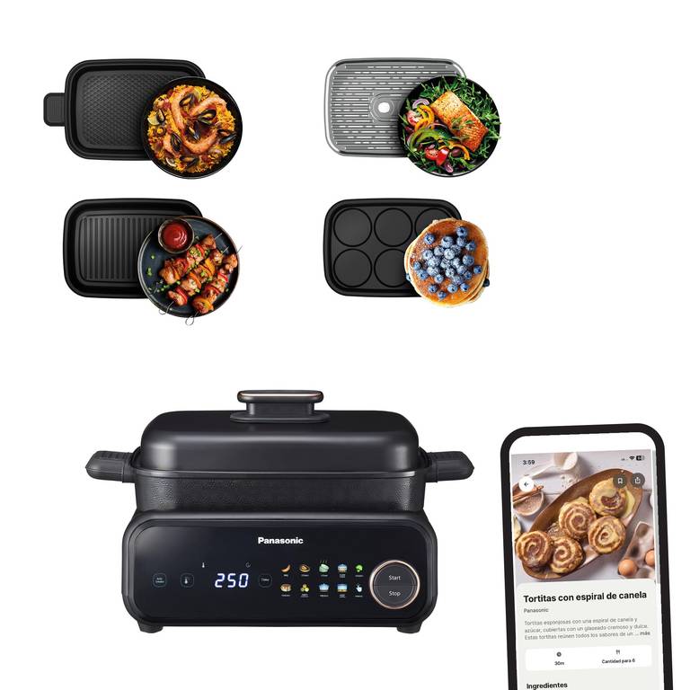 Panasonic NF-GM400 Multi Cooker 4 en 1, Grill Electrico, Freír, Cocción Lenta, BBQ, Vapor, Saltear, 1400 W, 40-250 °C, 9 Modos Automáticos