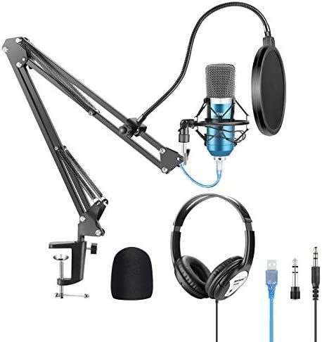 Micrófono con Suspensión, Brazo Tijera, Montaje, Filtro Pop, Cable USB y Kit Abrazadera para Grabación