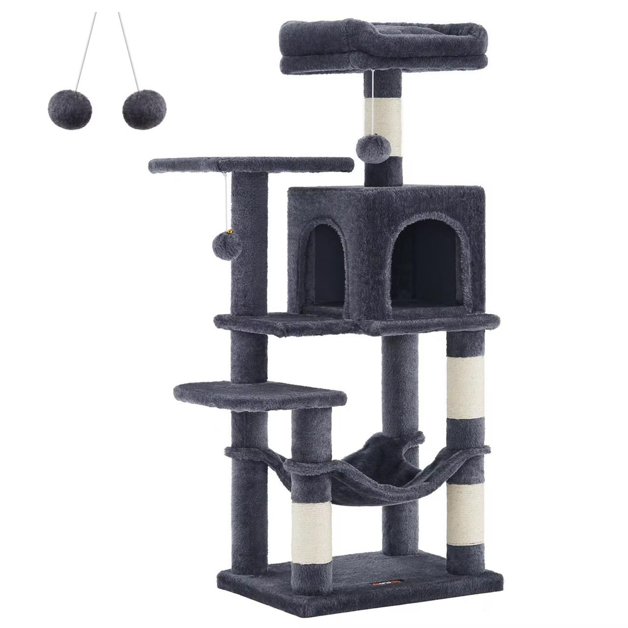 Árbol Torre para Gatos, con 4 Postes Rascadores, 2 Plataformas, 1 Cueva, 1 Hamaca, 2 Pompones