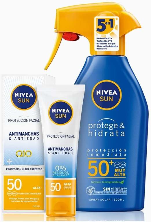 Lote Nivea Sun - Spray solar hidratante FP50 300 ml + crema solar facial antiedad antimanchas FP50 50 ml
