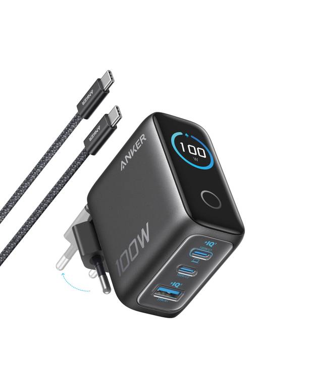 Anker Cargador USB C 100 W, Cargador de Pared GAN Compacto, Pantalla Inteligente, 3 Puertos