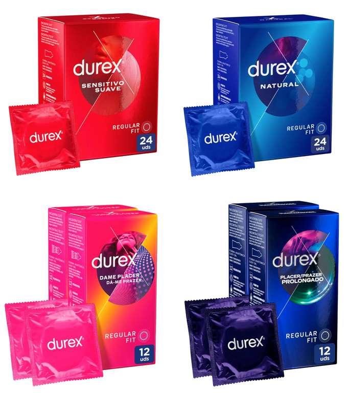 Pack 24 Condones Durex Varios Tipos: NATURAL, SENSITIVO SUAVE, CONTACTO TOTAL
