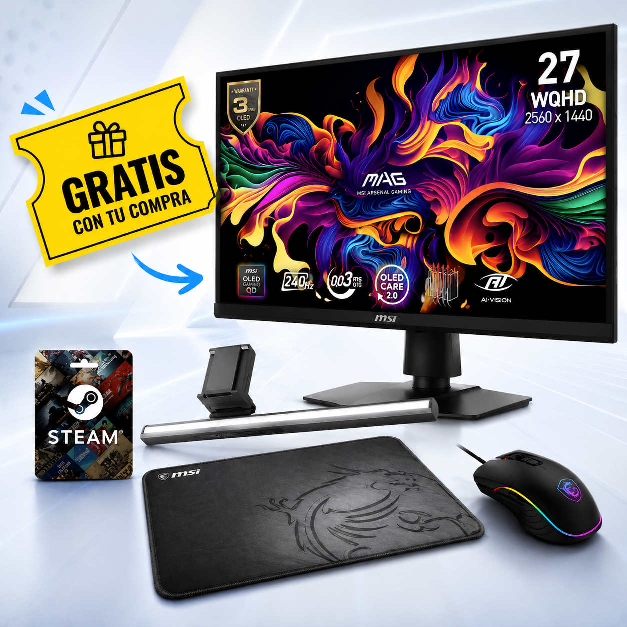 MSI MAG 272QP QD-OLED X24 | Monitor Gaming 27 Pulgadas + (MSI LED Lux Lámpara + Ratón Gaming + Alfombrilla + Cód. Steam de 10€)