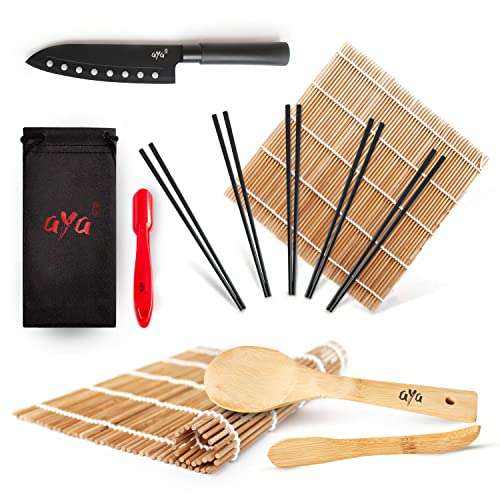 AYA Kit para Sushi - Kit en Bambú Cuchillo de Sushi – Videos Tutoriales en Línea - 2 Esterillas para Enrollar – Esterillas de Bambú 100%