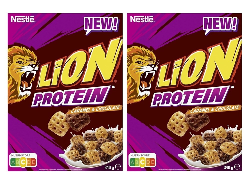 2x Cereales Nestlé Lion Proteína, Cereales integrales con chocolate y caramelo, estuche de 340g