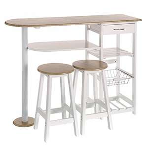 Conjunto de mesa alta y 2 taburetes con 1 cajón, 2 estantes, cesta extraíble y botellero para cocina de madera blanco