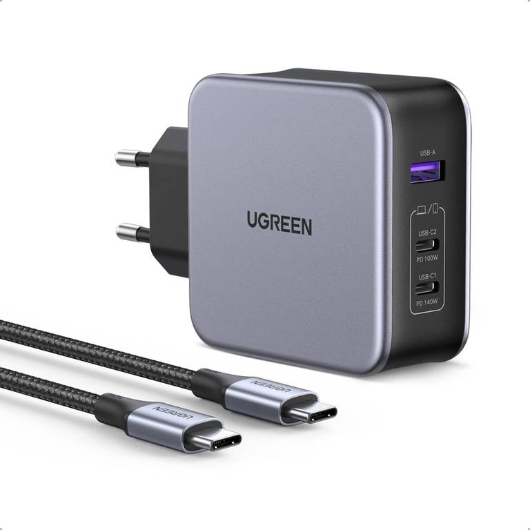 UGREEN Nexode 140W Cargador USB C Rápido GAN PD 3.1, Adaptador de Corriente 3 Puertos con 240W Cable Type C 1,5M Compatible MacBook, iPad