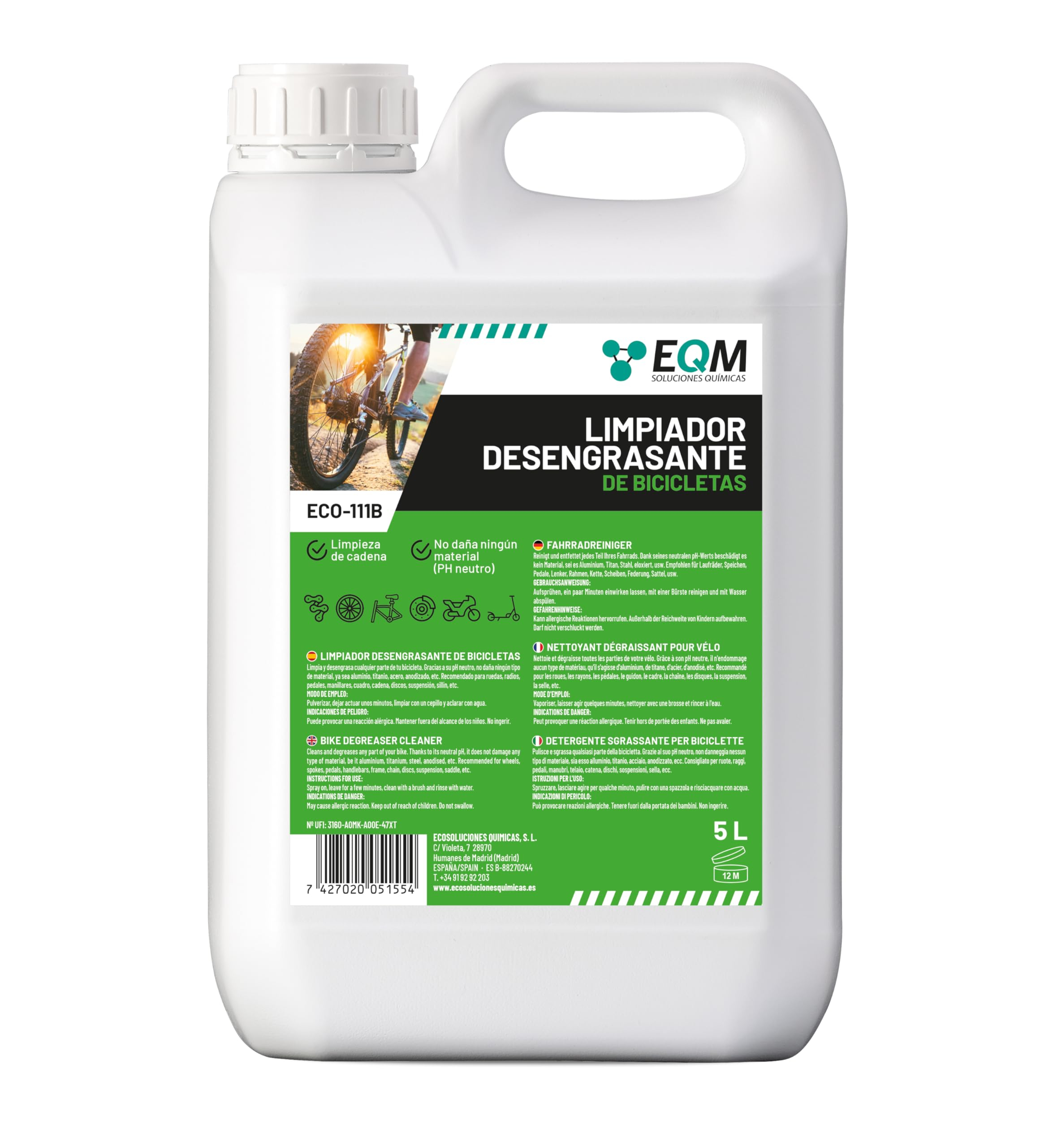 EQM - ECO-111B - Desengrasante Neutro para Bicicleta - 5L - Válido para Cualquier Material (Aluminio, Titanio, Acero, Anodizado, etc.)