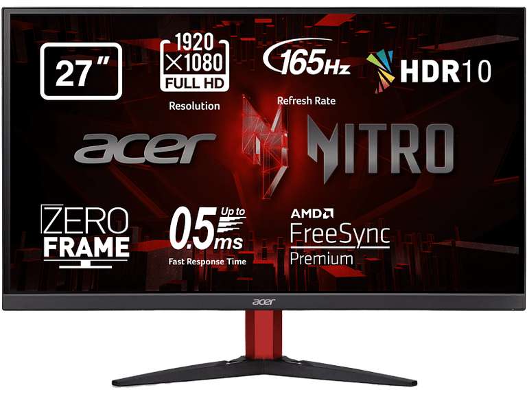 Monitor gaming - Acer KG272, 27" Full HD,165 Hz, 2 ms (G2G), HDMI, DP(1.2), Pantalla LED, AMD FreeSync Premium, Zero Frame