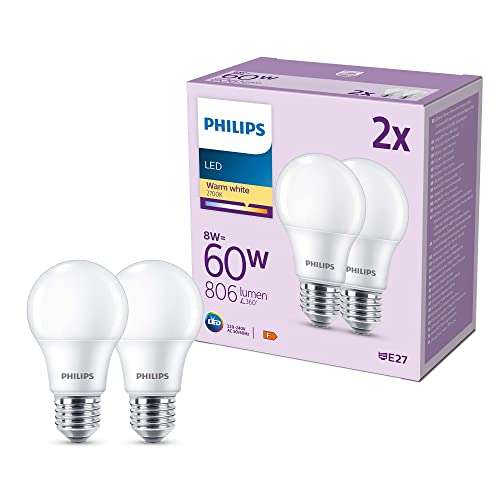 Pack 2 Philips - Bombilla LED clásica mate 8W (Eq. 60W) E27, Luz Cálida