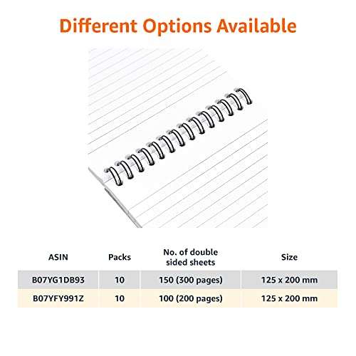 Amazon Basics - Bloc de notas de anillas, encuadernación superior, 80 hojas /160 páginas a rayas, 125 mm x 200 mm, 10 unidades