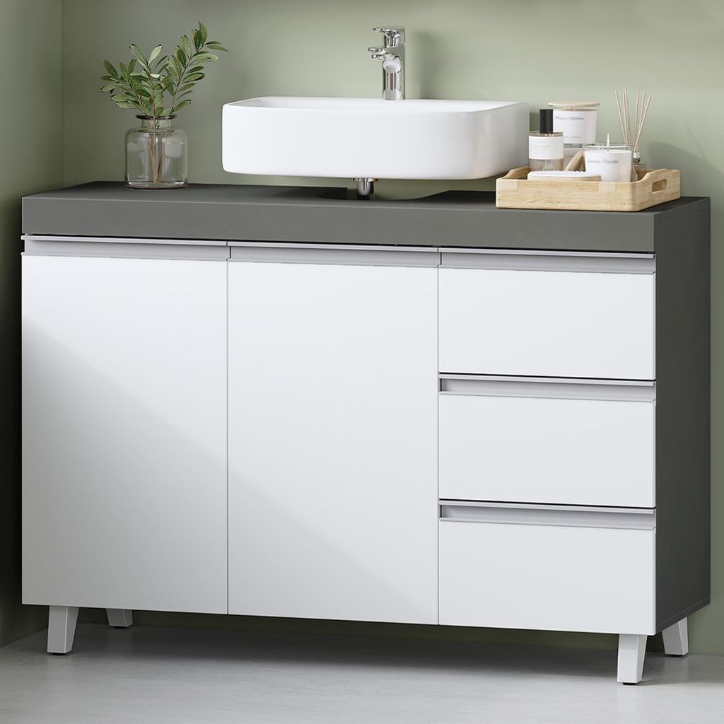 Mueble Bajo Lavabo, Armario de Baño, 3 Cajones, 2 Puertas, con Pies, 30 x 90 x 64 cm, Estilo Moderno, Blanco y Gris