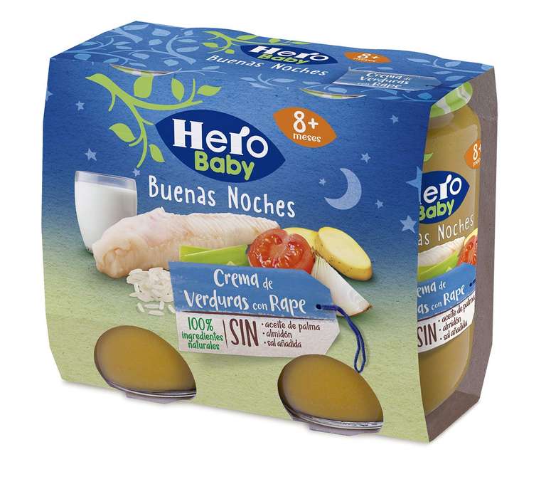 Hero Baby Buenas Noches Tarritos de Crema de Verduras con Rape - Para Bebés a Partir de los 8 Meses - 6 Packs de 2 x 190 gr