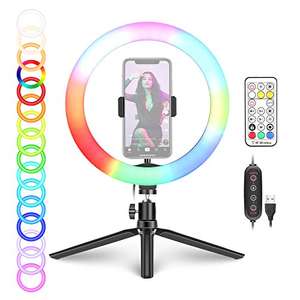 Anillo de Luz para Selfies RGB de 30CM con Trípode de Mesa Soporte de Teléfono y Control Remoto, LED con 29 Colores