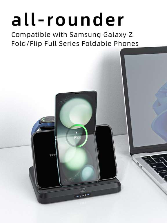 Estación de carga Inalámbrico 3 en 1 Plegable para Samsung Galaxy S23 S22 S21 Note 20/10/9 Z Flip/Fold, Watch Galaxy Buds（Negro)