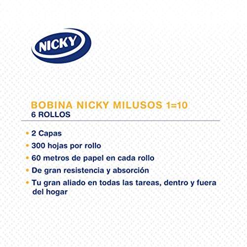 Nicky Milusos Papel de Cocina | 6 rollos | Hojas de 2 capas, 300 hojas por rollo | Papel súper absorbente y resistente