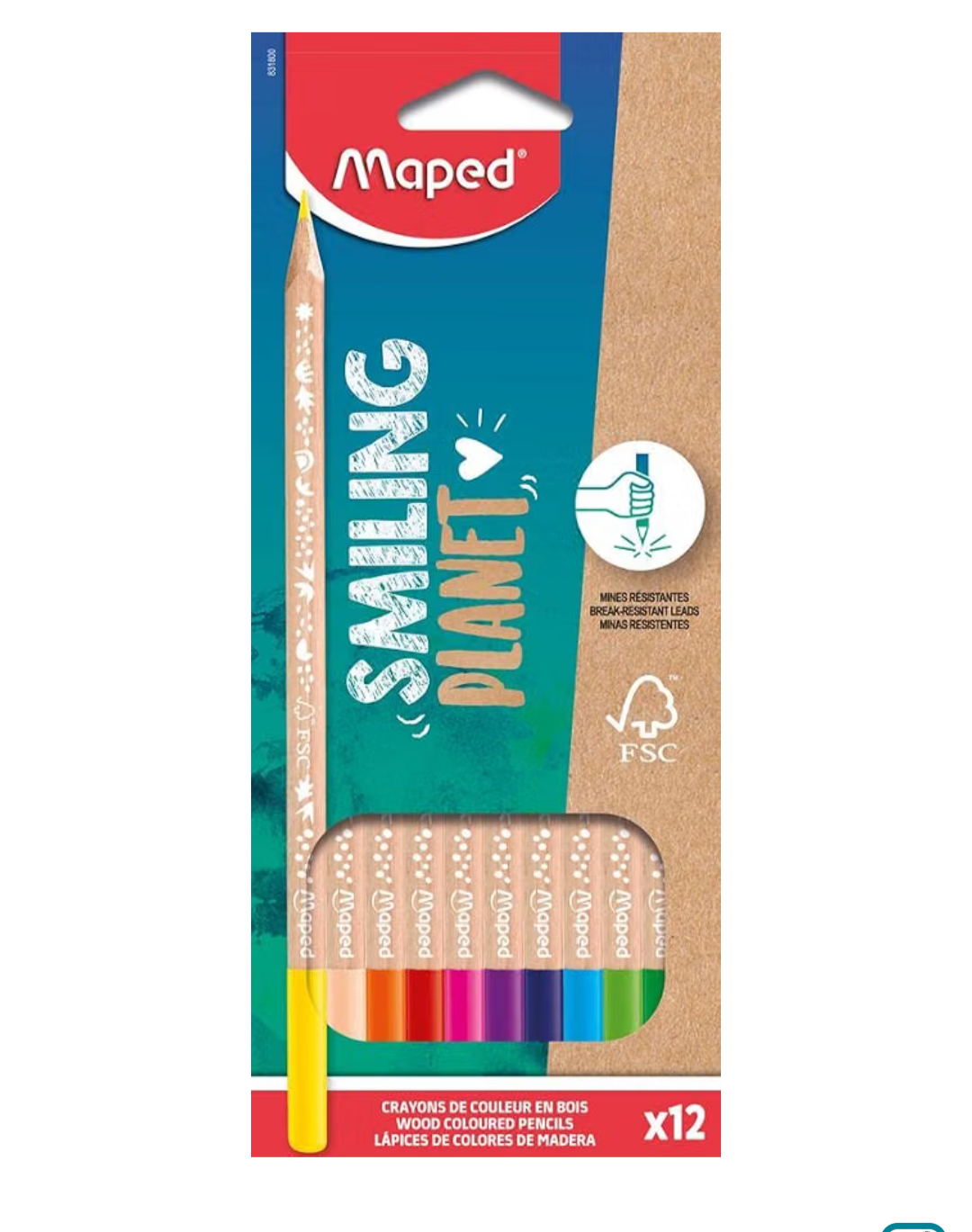 Maped Lápices de Colores Colección Smiling Planet Estuche de 12 Unidades Minas Resistentes - Diseño Lúdico - Fabricados con Fibra de Madera