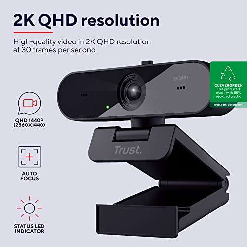 Trust Taxon Webcam 2K QHD, Cámara Web 2560x1440p, Filtro de Privacidad, Enfoque Automático, 2 Micrófonos