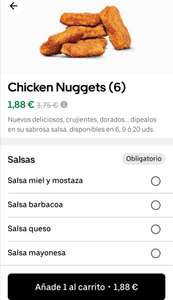 50% de descuento en 6 chicken nuggets + salsa o 6 chili cheese bites en Burger King desde Uber eats