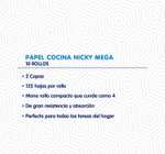 Nicky Mega Papel De Cocina | 10 Rollos | Hojas De 2 Capas, 125 Hojas Por Rollo | Mono Rollo Compacto Que Cunde Como 4 |