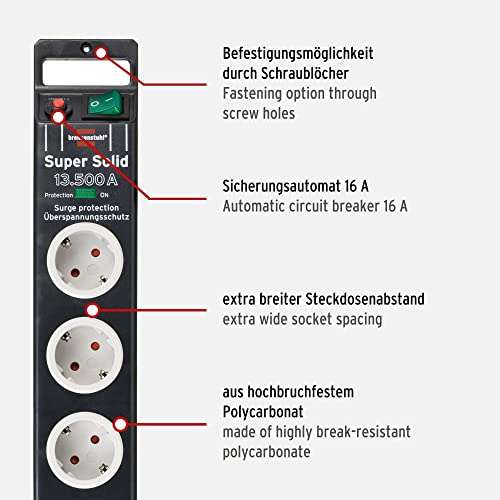 Brennenstuhl Super-Solid regleta enchufes con 8 tomas y protección sobretensiones hasta 13.500 A (cable de 2,5 m, anti picos tensión