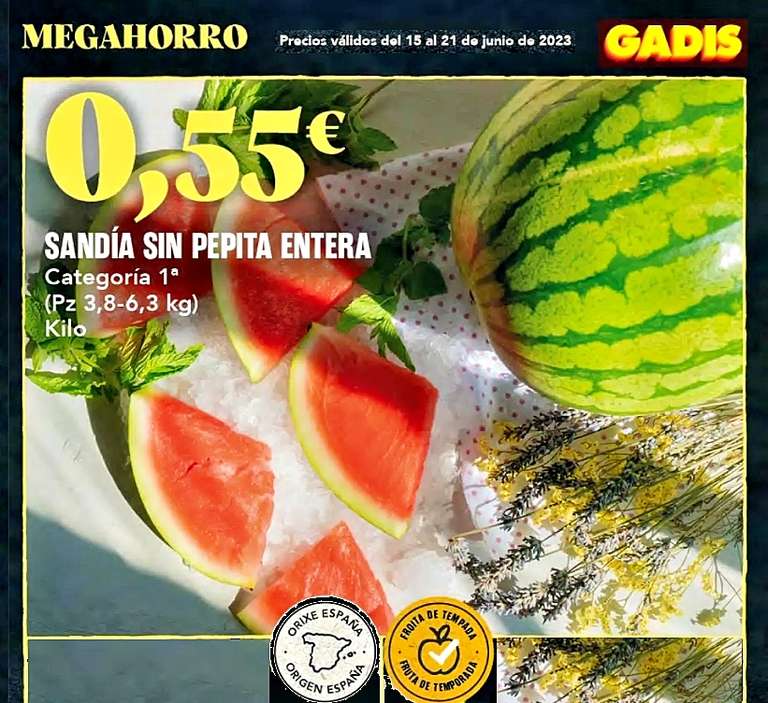 Sandía rayada sin pepita Origen España a 0,55€ el Kilo