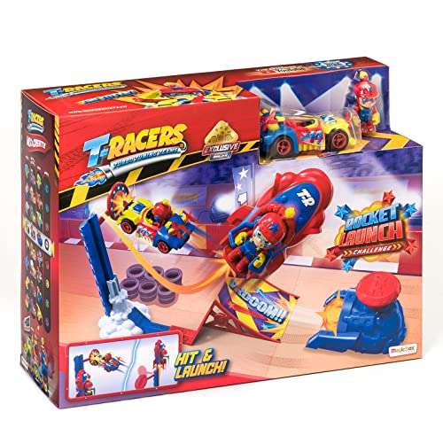 T-RACERS Rocket Launch – Lanzador con rampa +1 piloto +1 coche de carrera exclusivo. Pista de coches de juguete