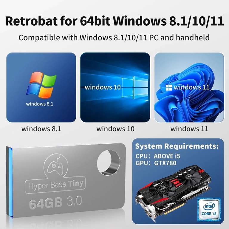 Pendrive USB 3.0 emulador con Retrobat -64 GB, 15 emuladores, 8731 juegos PSP/DC/N64/NES/SNES/DS/NAOMI, para PC Windows/portátil/Rog Ally