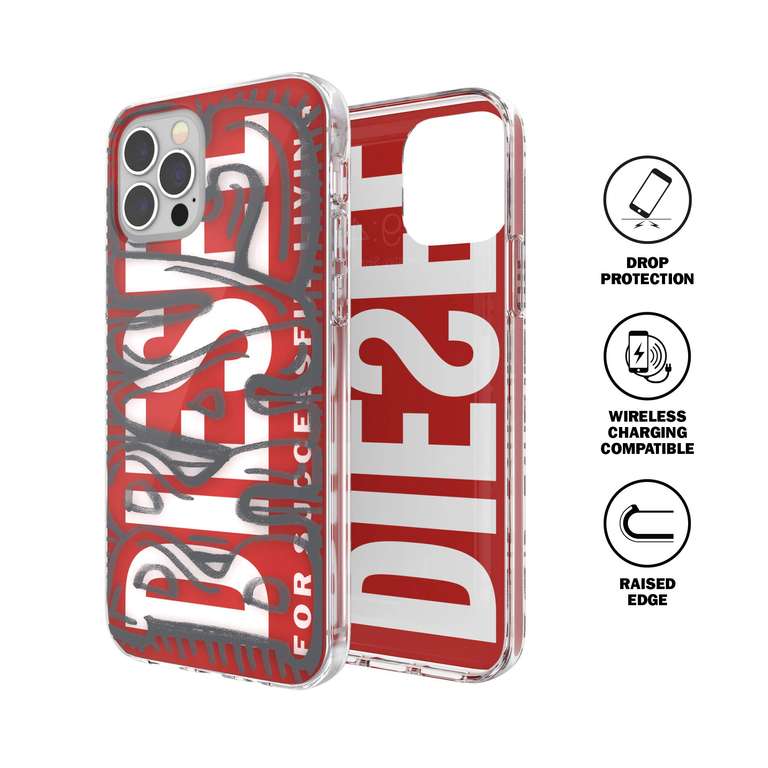 Diesel Diseñada para iPhone 12 / iPhone 12 Pro 6.1 Case, Clear Snap Case, Shockproof Stock Tested Cover with Raised Edges, Red/Grey
